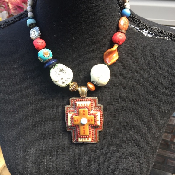 Chunky Cross/MultiColored Shaped Stones Necklace - Picture 1 of 12